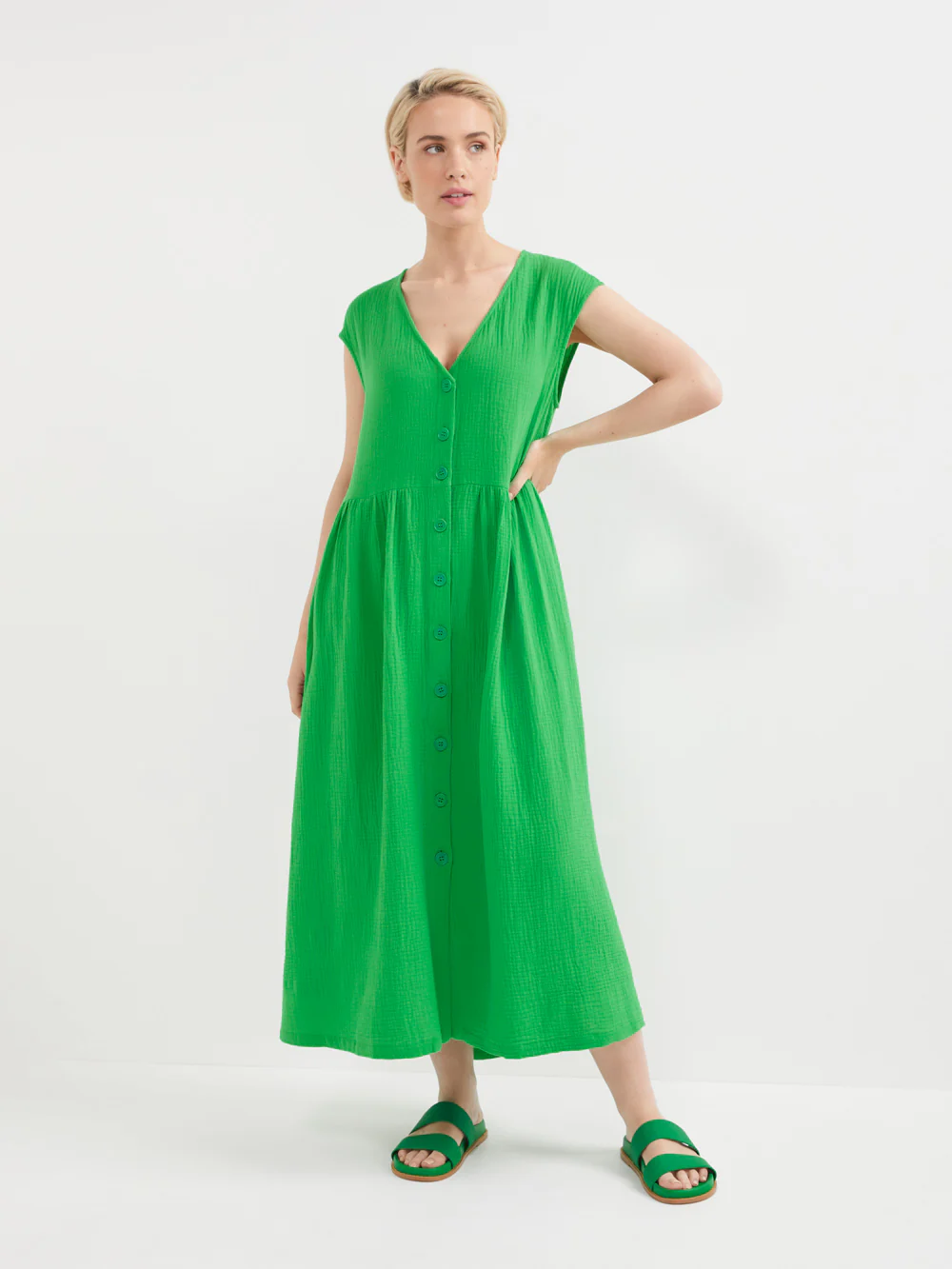 The Button Front Crinkle Midi Dress