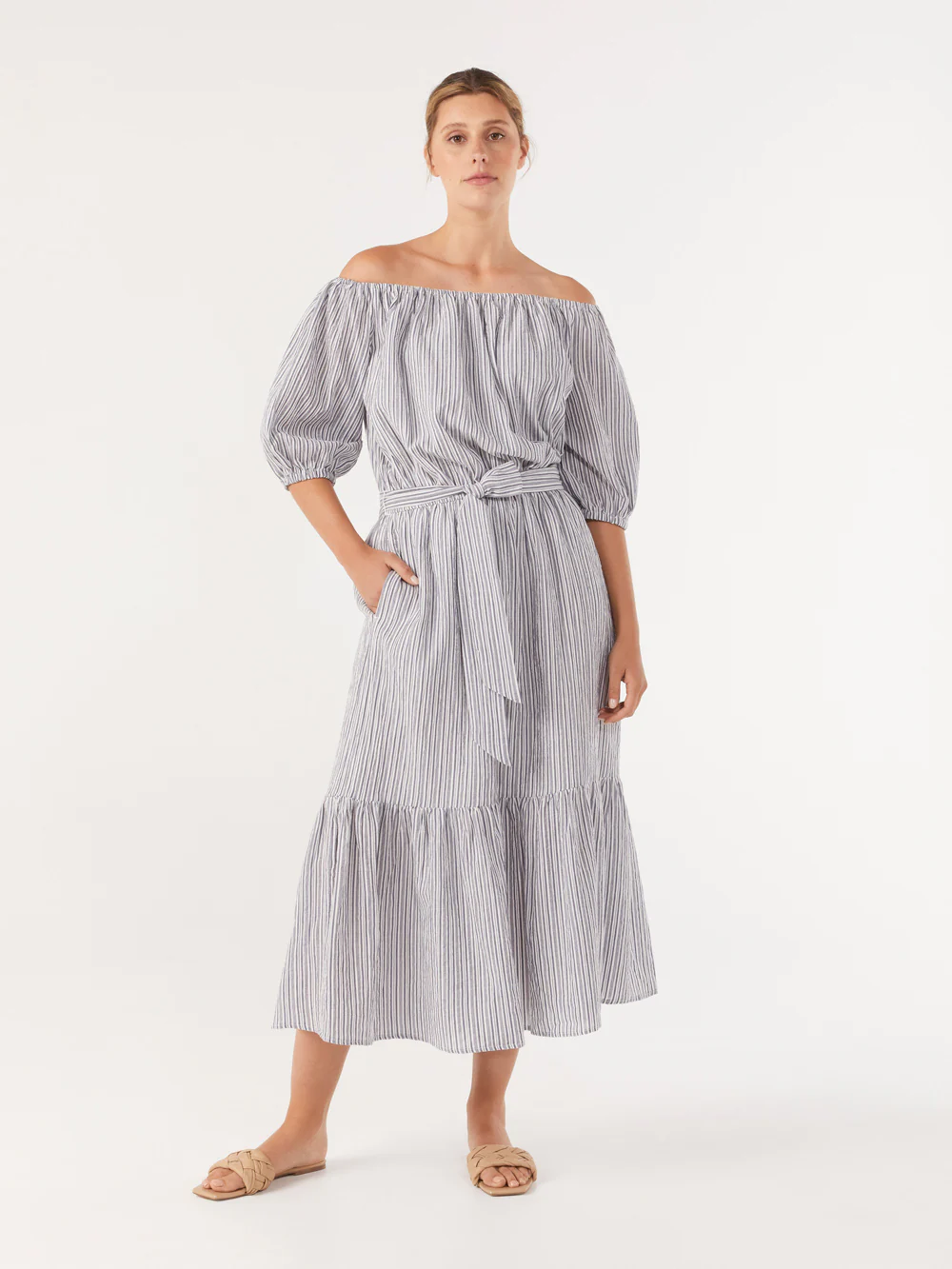The Off Shoulder Stripe Maxi Dress
