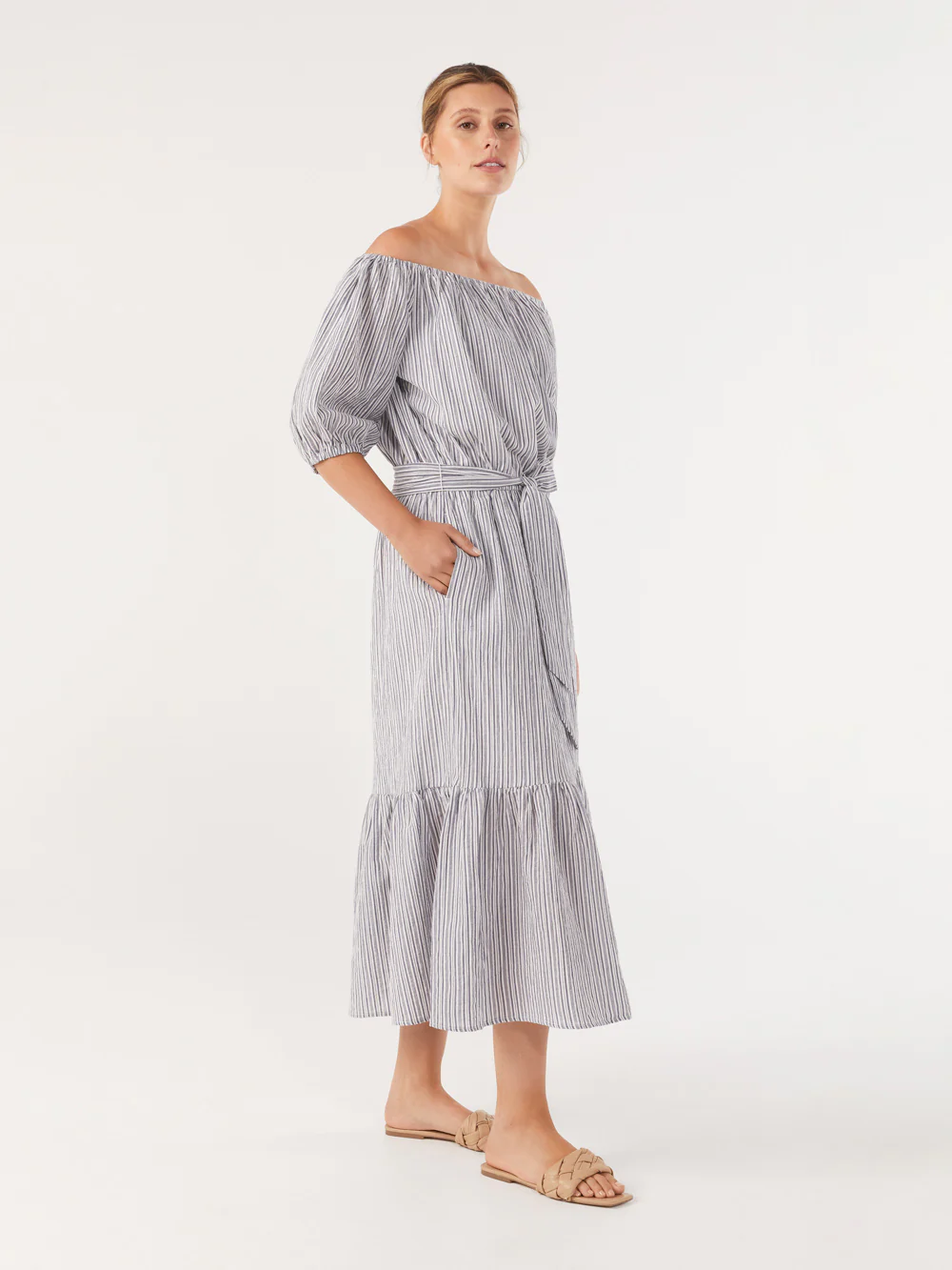 The Off Shoulder Stripe Maxi Dress - Image 2
